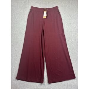 OGL Trouser Pants Women Large Red Wine Wool High-Rise Wide Leg Elastic Waistband